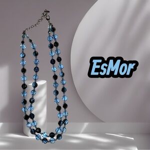EsMor Shades of Blue Faceted Bead Necklace Layered Double Strand 21”